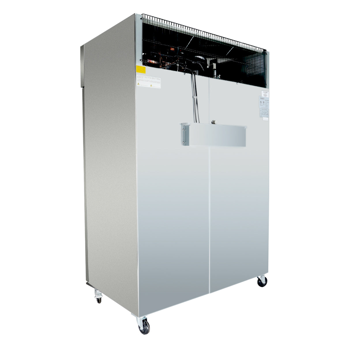 A large, stainless steel commercial freezer on four caster wheels, with a double-door front. The top panel is open, revealing internal cooling components and wiring. The smooth exterior features a label and handle on the front.