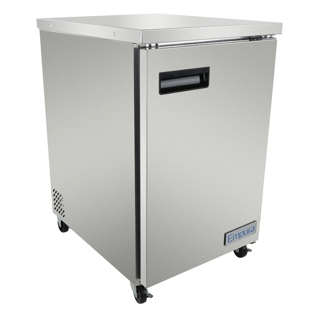 A stainless steel commercial refrigerator designed for reliable commercial refrigeration, featuring a single front door with recessed handle, small ventilation panel on the lower left, four caster wheels, and the Empura logo on the front bottom right.