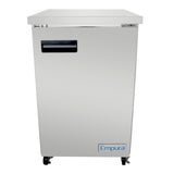 A stainless steel commercial refrigeration unit on wheels with a solid front door and a black horizontal handle near the top left. The Empura brand name appears in blue on the lower right corner, making it ideal as a back bar cooler.