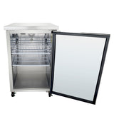 A stainless steel back bar cooler mini fridge with its glass door open reveals two wire shelves and an empty interior. The fridge is on four small wheels, with a flat exterior top—ideal for commercial refrigeration needs.