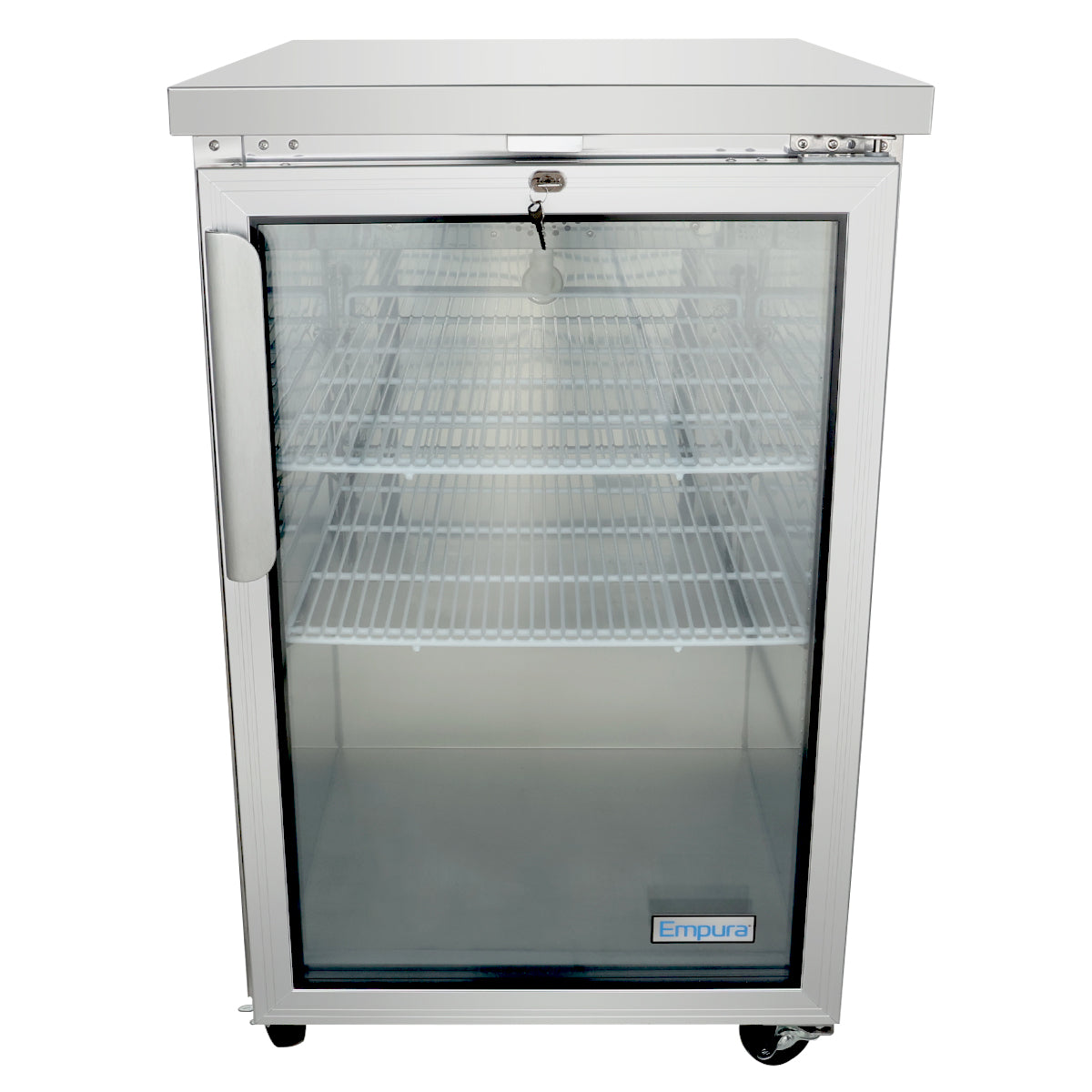 A commercial Empura refrigeration glass door cooler with two wire shelves, a lock and key at the top, wheels on the bottom, and the “Empura” logo on the lower front panel. This back bar cooler appears empty.