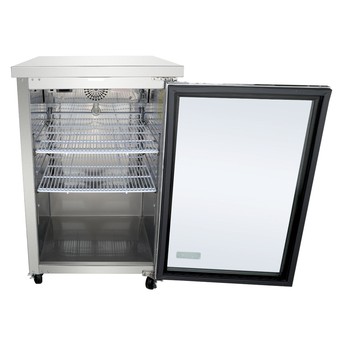 A stainless steel back bar cooler with its glass door open reveals three empty metal wire shelves inside. The fridge, equipped with a fan at the top for cooling, sits on small wheels and features a clean, modern Empura refrigeration design.