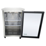 A stainless steel back bar cooler with its glass door open reveals three empty metal wire shelves inside. The fridge, equipped with a fan at the top for cooling, sits on small wheels and features a clean, modern Empura refrigeration design.