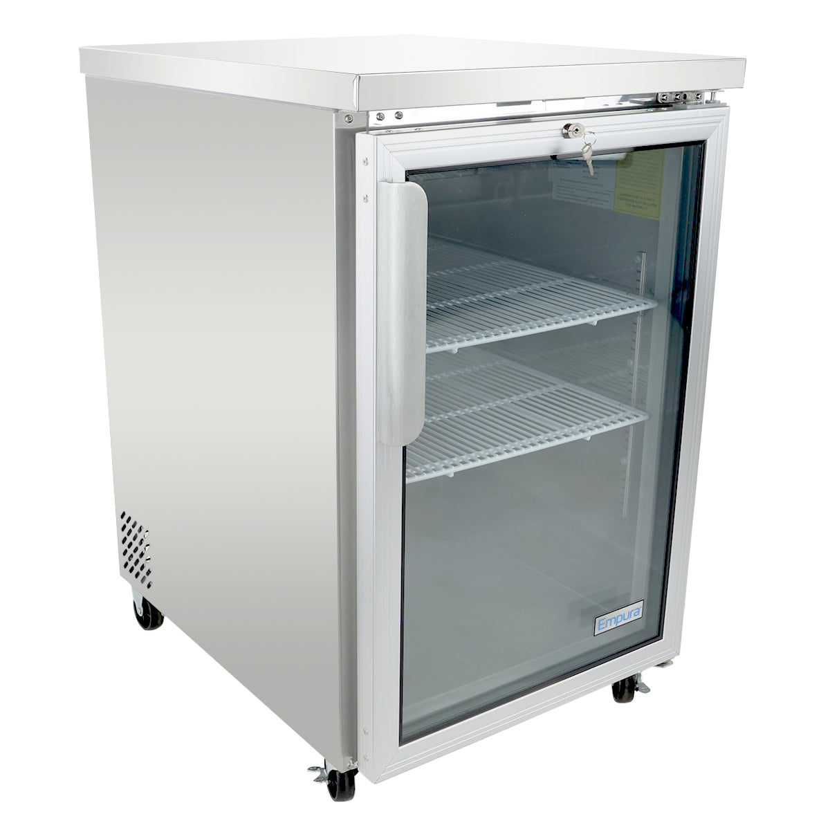 This Empura refrigeration glass door cooler features a stainless steel exterior, two wire shelves, a secure lock at the top, four caster wheels, and a vertical handle on the left side—ideal as a compact back bar cooler for any space.