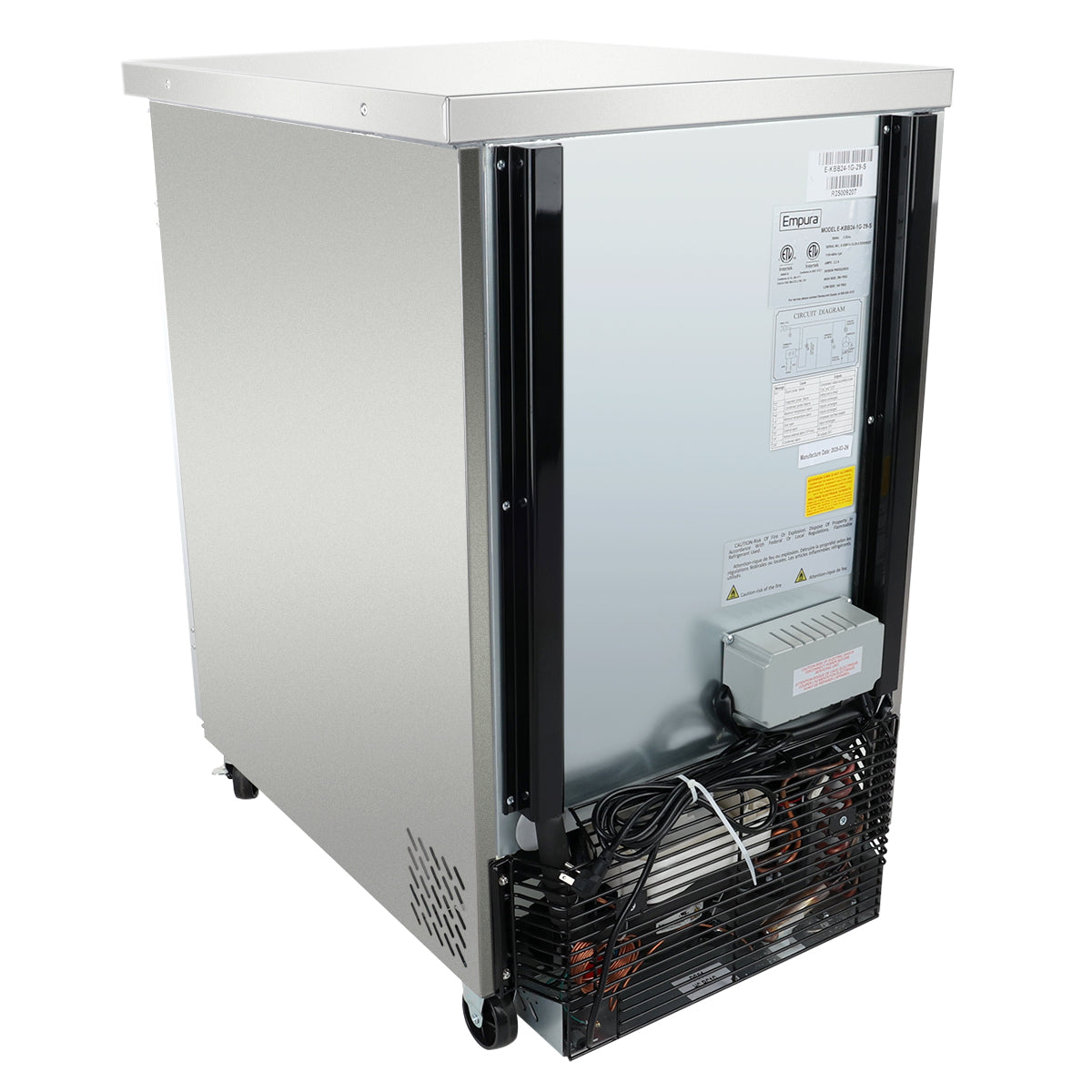 A stainless steel Empura refrigeration unit seen from the back, showing its metal back panel, ventilation grates, compressor, electrical wiring, and a mounted control box. Small wheels are attached to the bottom for mobility.