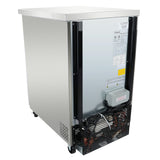 A stainless steel Empura refrigeration unit seen from the back, showing its metal back panel, ventilation grates, compressor, electrical wiring, and a mounted control box. Small wheels are attached to the bottom for mobility.