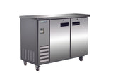 The Empura Refrigeration stainless steel commercial refrigerator features two doors, ventilation slots on the lower left, a digital display, and stands on four wheels for mobility. The flat countertop surface makes it ideal as a back bar cooler in busy settings.