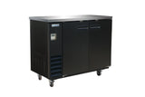 A commercial Empura Refrigeration Back Bar Cooler with two doors, a stainless steel top, vent grilles, and a side control panel sits on four wheels for mobility; the Empura label is visible on the front. The background is white.