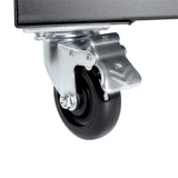 A close-up of a black swivel caster wheel attached to an Empura refrigeration back bar cooler, featuring a silver locking mechanism labeled ON and OFF. The lock pedal has chevron markings for grip.