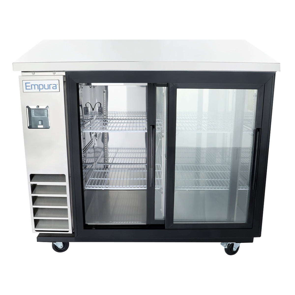 A stainless steel Empura refrigeration back bar cooler on wheels features two sliding glass doors, wire shelves inside, and an Empura label on the left. The left door is open to reveal interior shelves; the right door is closed.
