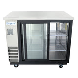 This Empura refrigeration back bar cooler features two sliding glass doors, wire shelves, a solid top, and vented side panel. The stainless steel unit on wheels is ideal for storing beverages or perishables in any commercial setting.