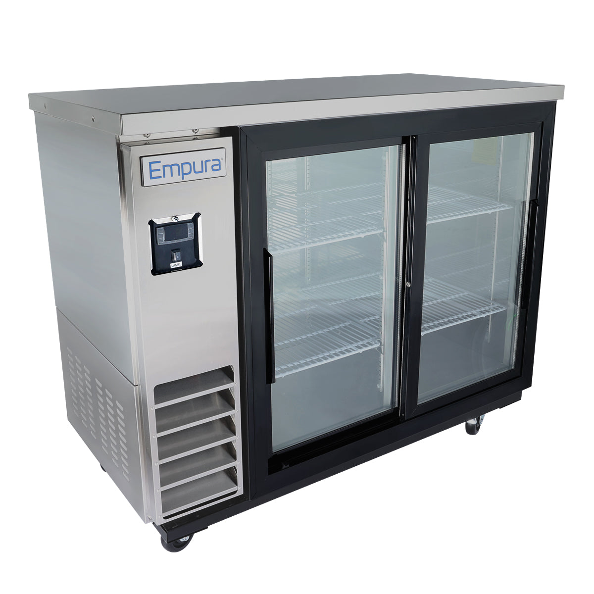 This Empura refrigeration back bar cooler features two sliding glass doors, three wire shelves, ventilation slats on the lower left, and sits on casters for easy mobility. The Empura brand name is displayed on the top left.