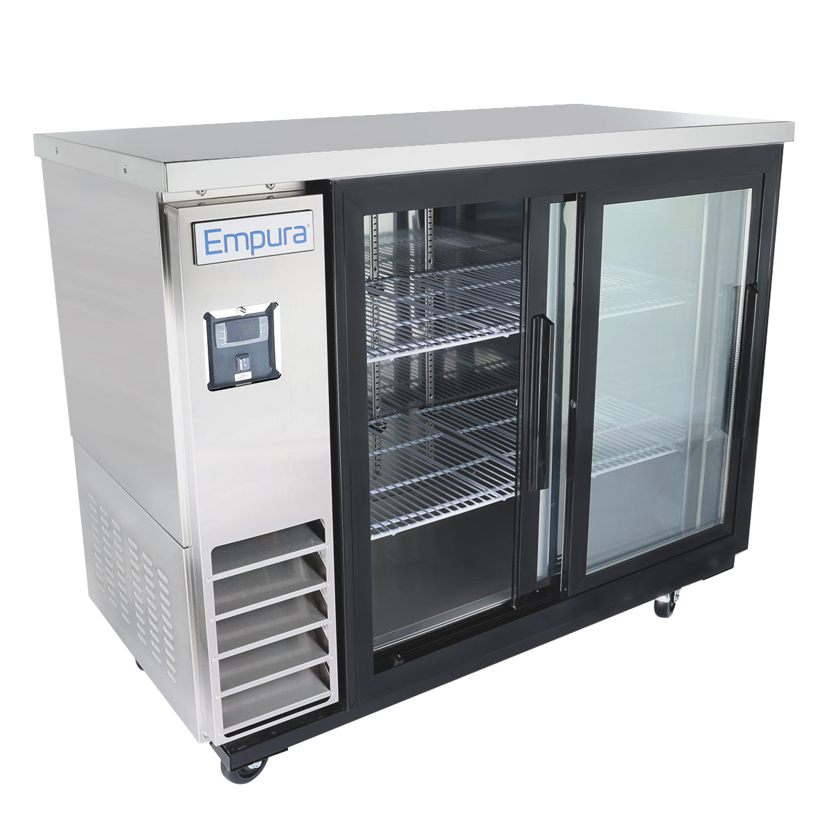 A commercial Empura refrigeration back bar cooler with two sliding glass doors, wire shelves, a left-side ventilation panel, and four wheels for mobility. The Empura logo is displayed on the upper left.