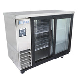 A commercial Empura refrigeration back bar cooler with two sliding glass doors, wire shelves, a left-side ventilation panel, and four wheels for mobility. The Empura logo is displayed on the upper left.