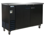 A black Empura Refrigeration back bar cooler with two doors, a vent and digital display on the left side, and four caster wheels for mobility stands on a white background. The brand name “Empura” is visible on the upper left corner.