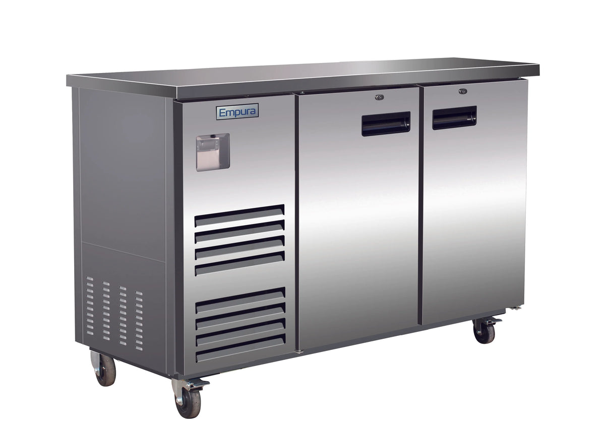 A commercial stainless steel undercounter refrigerator with two doors, vented panels, recessed handles, and four caster wheels for mobility. The Empura refrigeration logo is displayed on the upper left corner. Modern and industrial, ideal as a back bar cooler for kitchens.