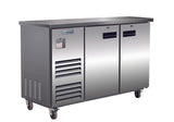 A commercial stainless steel undercounter refrigerator with two doors, vented panels, recessed handles, and four caster wheels for mobility. The Empura refrigeration logo is displayed on the upper left corner. Modern and industrial, ideal as a back bar cooler for kitchens.