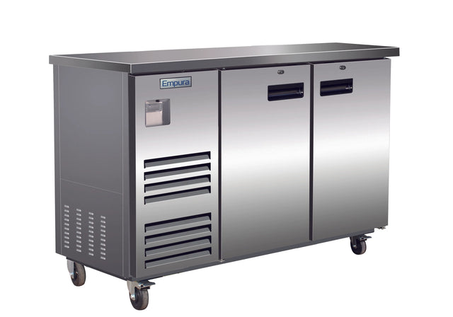 A commercial stainless steel undercounter refrigerator with two doors, vented panels, recessed handles, and four caster wheels for mobility. The Empura refrigeration logo is displayed on the upper left corner. Modern and industrial, ideal as a back bar cooler for kitchens.