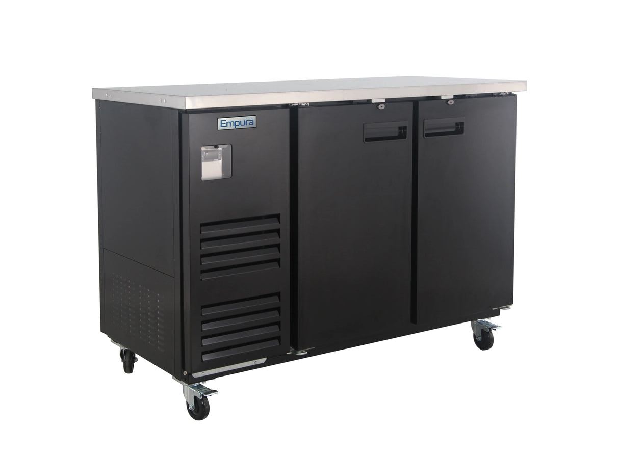 A black Empura Refrigeration back bar cooler with a stainless steel top, two doors, and ventilation slats on the left side. The unit features a silver Empura label and sits on four caster wheels against a plain white background.