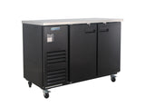 A black Empura Refrigeration back bar cooler with a stainless steel top, two doors, and ventilation slats on the left side. The unit features a silver Empura label and sits on four caster wheels against a plain white background.