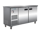 A stainless steel commercial refrigeration unit with two doors, ventilation grilles on the left side, a digital display, and four caster wheels. The Empura brand logo is visible on the upper left of this back bar cooler with a flat top surface.