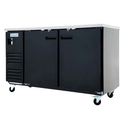 A commercial black Back Bar Cooler with two front doors, sturdy handles, and a stainless steel top. Four caster wheels support the unit, offering mobility. Vents and an Empura Refrigeration label appear on the left side against a white background.