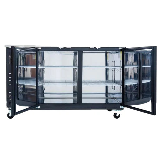 An Empura Refrigeration Back Bar Cooler, this commercial glass-door display refrigerator features two sliding doors, stainless steel wire shelves, a black exterior with a metallic top, and four caster wheels for easy mobility. The interior is clean and empty.