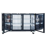 An Empura Refrigeration Back Bar Cooler, this commercial glass-door display refrigerator features two sliding doors, stainless steel wire shelves, a black exterior with a metallic top, and four caster wheels for easy mobility. The interior is clean and empty.