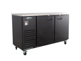 A black Empura Refrigeration Back Bar Cooler on four caster wheels features two front doors and a smooth stainless steel top. The Empura label is on the top left, with vents and a handle visible, set against a white background.