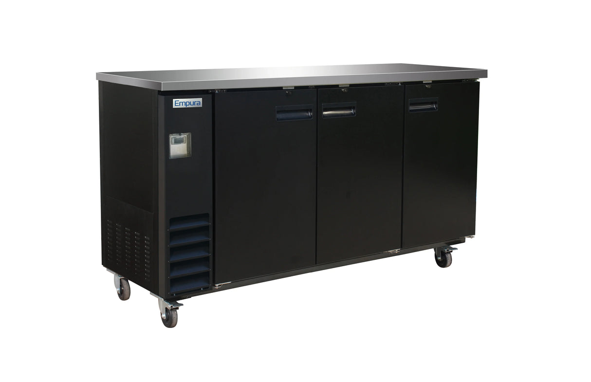 A large, black Empura Refrigeration Back Bar Cooler with three doors, a stainless steel top, left-side ventilation grill, and four caster wheels. The Empura label is visible on the upper left corner. The background is plain white.