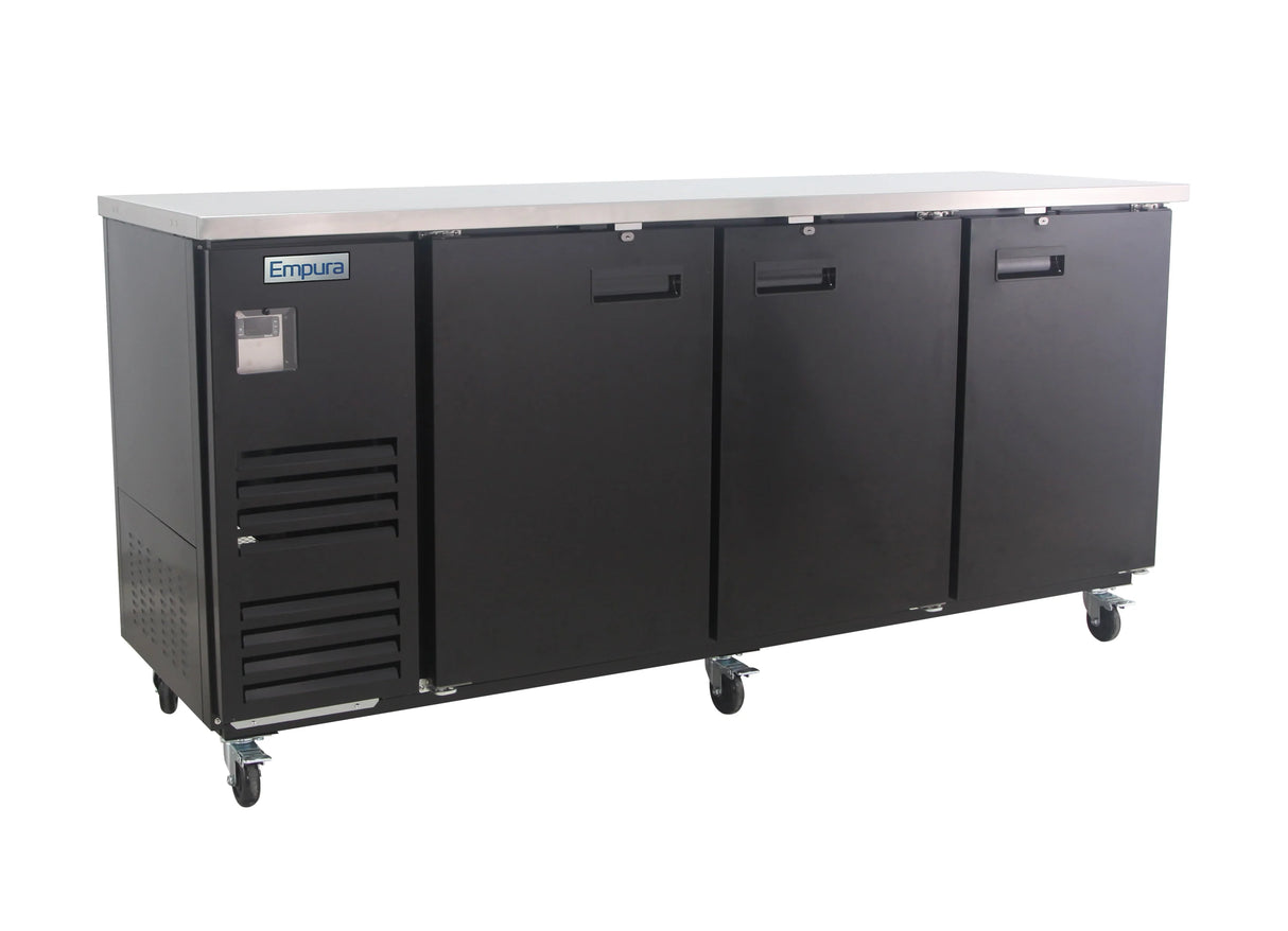 This Empura Refrigeration back bar cooler features a sleek black finish, three doors, a stainless steel countertop, metal handles, side ventilation grates, and four caster wheels for easy mobility.
