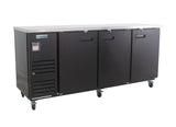 This Empura Refrigeration back bar cooler features a sleek black finish, three doors, a stainless steel countertop, metal handles, side ventilation grates, and four caster wheels for easy mobility.
