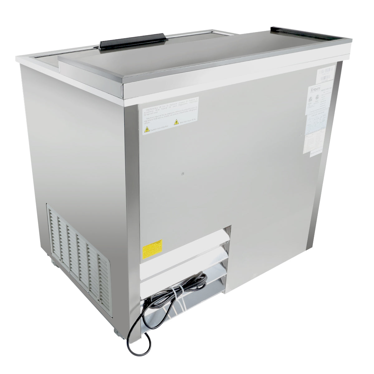 A commercial Empura refrigeration chest freezer with a sliding lid, ventilation slots, warning labels, and a coiled black power cord at the base—ideal for use as a stainless steel bottle cooler—set against a white background.