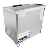 A commercial Empura refrigeration chest freezer with a sliding lid, ventilation slots, warning labels, and a coiled black power cord at the base—ideal for use as a stainless steel bottle cooler—set against a white background.