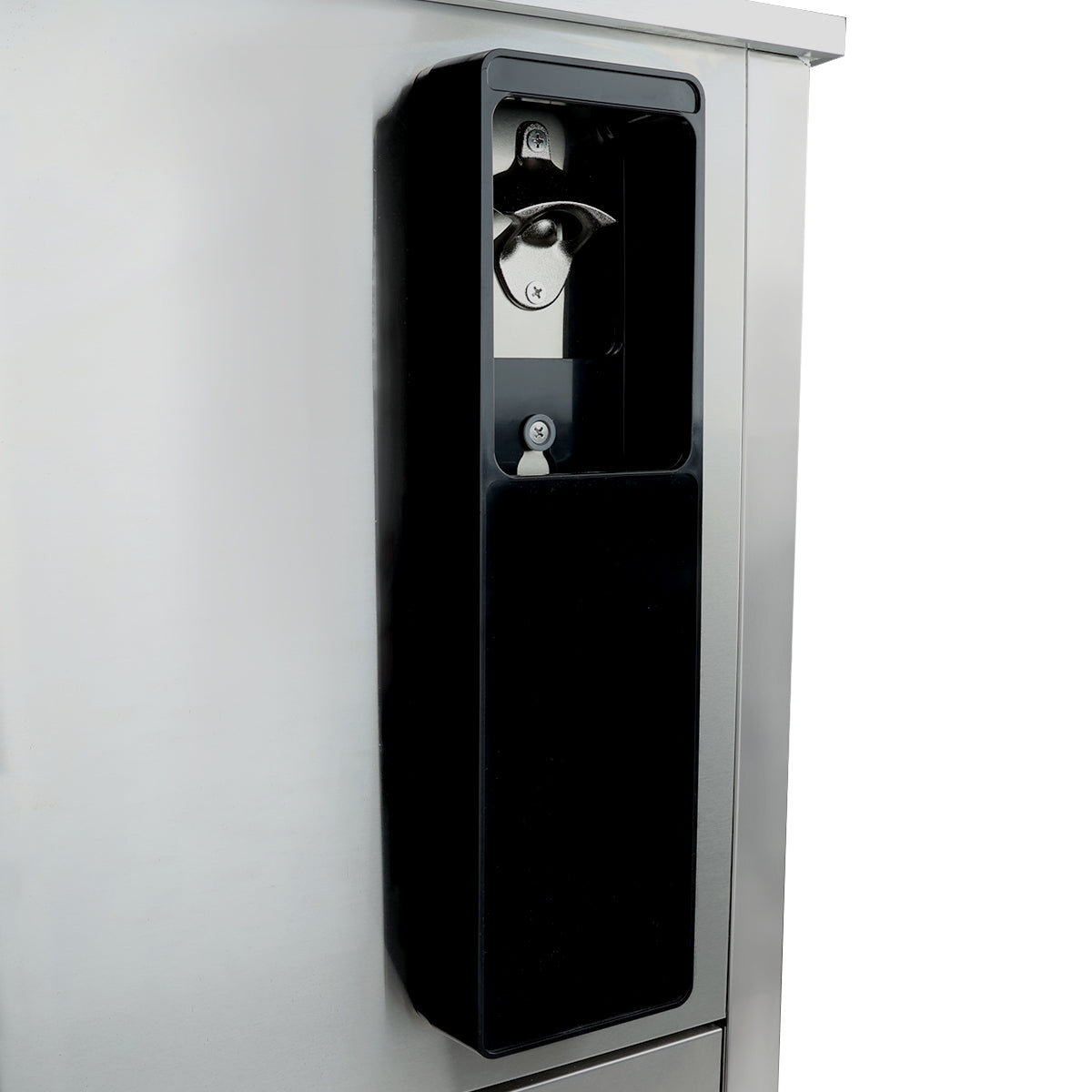 A close-up of a commercial can opener mounted vertically on the side of a stainless steel countertop or cabinet, showing the cutting blade and handle inside a black protective casing. The metallic, reflective background complements Empura refrigeration equipment.