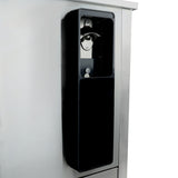 A close-up of a commercial can opener mounted vertically on the side of a stainless steel countertop or cabinet, showing the cutting blade and handle inside a black protective casing. The metallic, reflective background complements Empura refrigeration equipment.