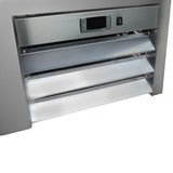 Close-up of a stainless steel industrial heater or ventilation unit with a digital control panel, similar to those found in Empura refrigeration or bottle cooler systems, featuring three angled metal louvers for air flow direction and a sleek, modern design.