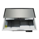 A stainless steel outdoor kitchen countertop with an open lid reveals a built-in Empura refrigeration bottle cooler. The empty interior is divided into three sections, with a yellow warning label on the left. The photo is taken from above on a white background.