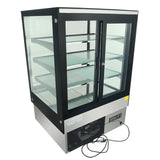 A commercial refrigerated display case with three glass shelves, black frame, and sliding glass doors. The bottom features LED lighting, stainless steel paneling, a control panel, and an electrical cord. The empty fridge stands on a white background.