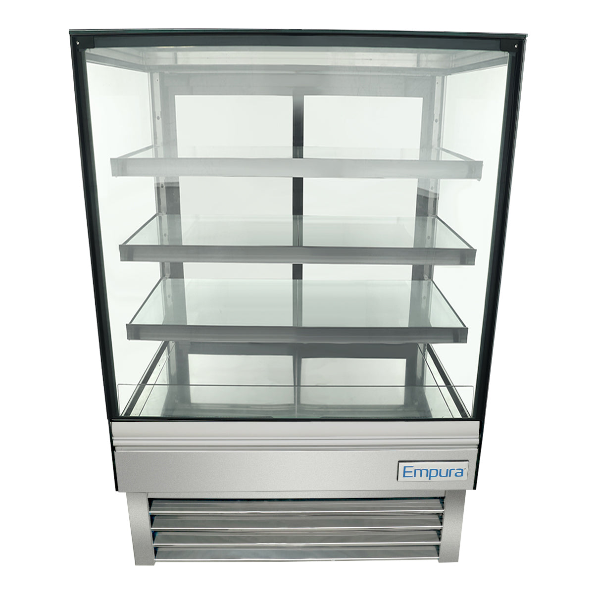 A front view of a commercial refrigerated display case with glass panels and three stainless steel shelves. The lower section features ventilation grilles and a blue Empura logo. Bright LED lighting highlights the empty, well-lit fridge, ready for food or drinks.