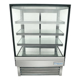 A front view of a commercial refrigerated display case with glass panels and three stainless steel shelves. The lower section features ventilation grilles and a blue Empura logo. Bright LED lighting highlights the empty, well-lit fridge, ready for food or drinks.