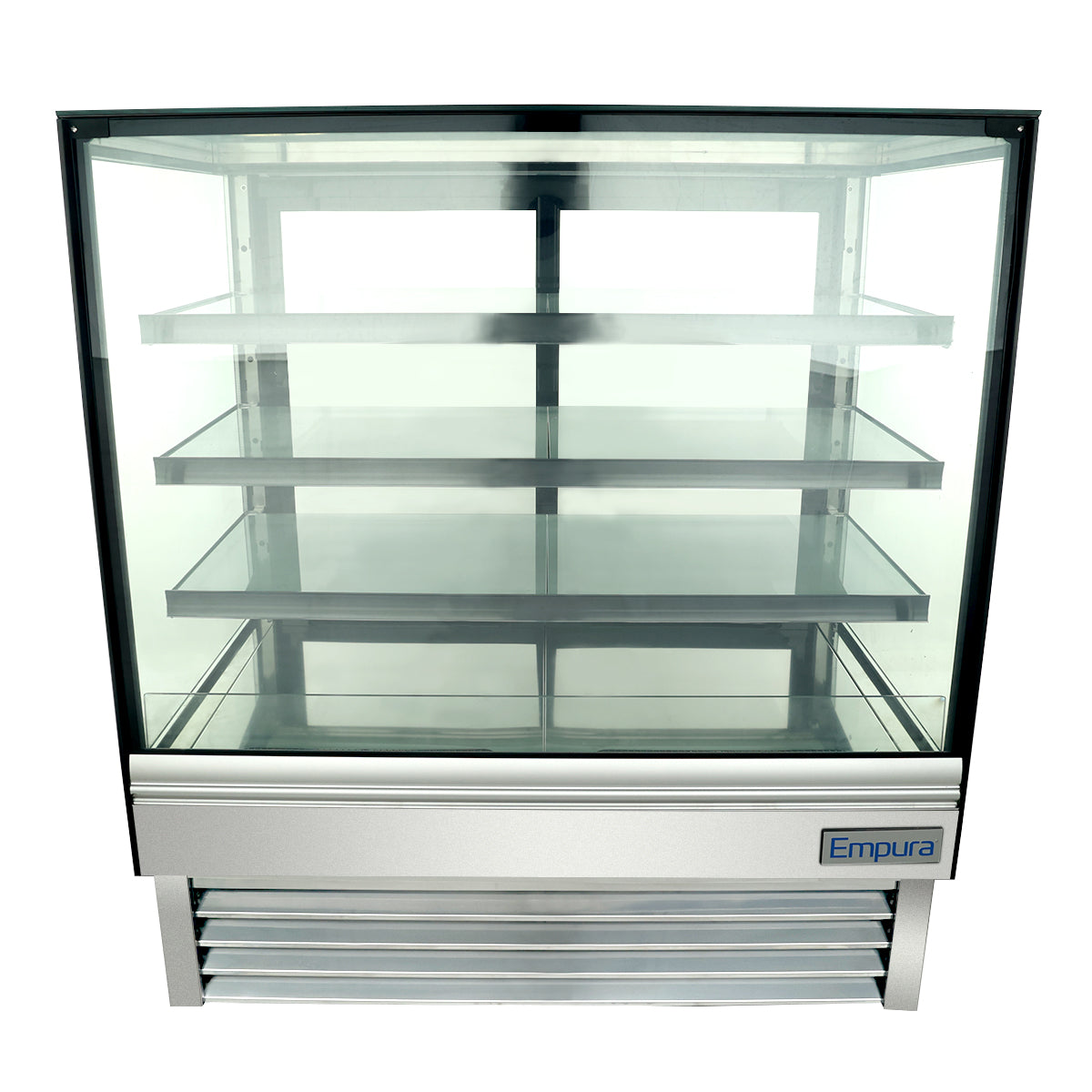A refrigerated display case with stainless steel shelves, clear glass sides and front, a vented base, and LED lighting. The empty case is labeled Empura on the lower right corner of the base.