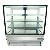 A refrigerated display case with stainless steel shelves, clear glass sides and front, a vented base, and LED lighting. The empty case is labeled Empura on the lower right corner of the base.