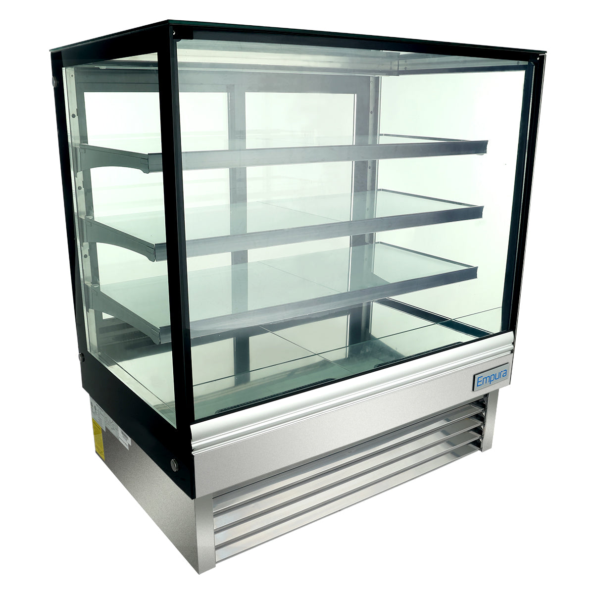 A refrigerated display case with a stainless steel base, three adjustable glass shelves, and LED lighting. Clear glass panels on all sides are framed in black, and the bottom features a vented grill for refrigeration. The interior is empty.