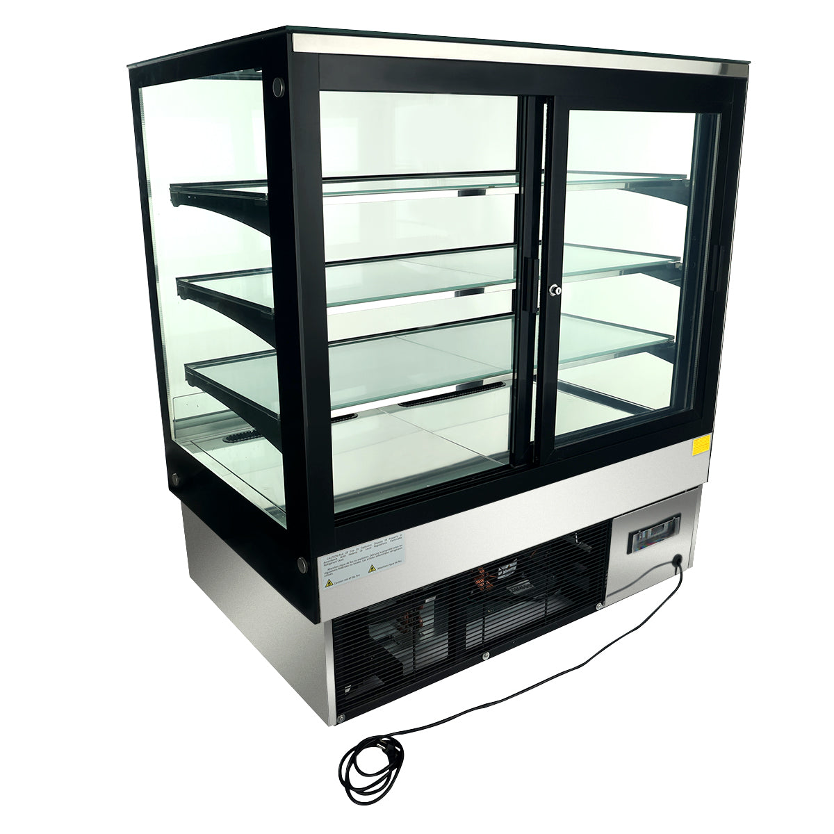 A refrigerated display case with three interior stainless steel shelves, sliding glass doors, and a stainless steel base. An electric cord extends from the bottom right. The unit is empty, ideal for showcasing food or beverages.