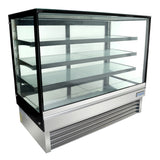 A commercial refrigerated display case with four clear shelves and a stainless steel base. The black-framed case is empty, with vents at the bottom front, indicating commercial refrigeration—ideal for showcasing food or desserts.