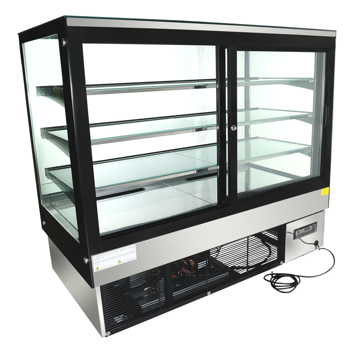 A commercial Empura Refrigeration display case with a black frame, clear glass panels, two sliding doors, and three stainless steel shelves. The lower section features a cooling unit with visible vent, control panel, and attached power cord.