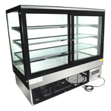 A commercial Empura Refrigeration display case with a black frame, clear glass panels, two sliding doors, and three stainless steel shelves. The lower section features a cooling unit with visible vent, control panel, and attached power cord.