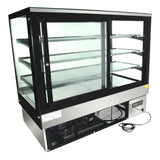 A commercial glass refrigerated display case with a stainless steel base, black frame, LED lighting, and four glass shelves. The unit features sliding doors, a visible cooling system at the bottom, an attached power cord, and an empty interior.