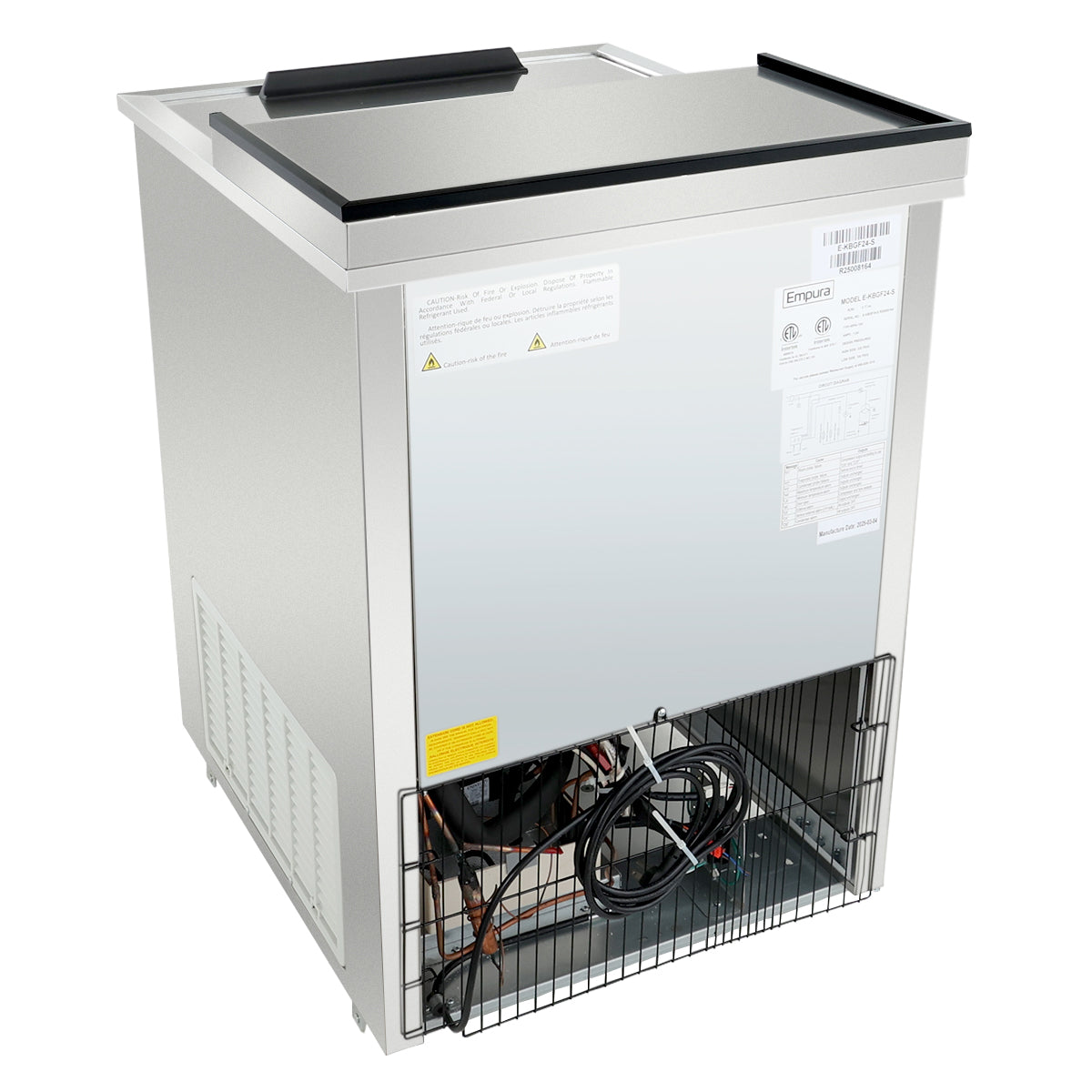 This image shows an Empura Refrigeration commercial beverage cooler with a stainless steel exterior. The back panel is open, revealing internal wiring, a compressor, and a coiled power cable. Warning labels and a barcode are visible near the top right.